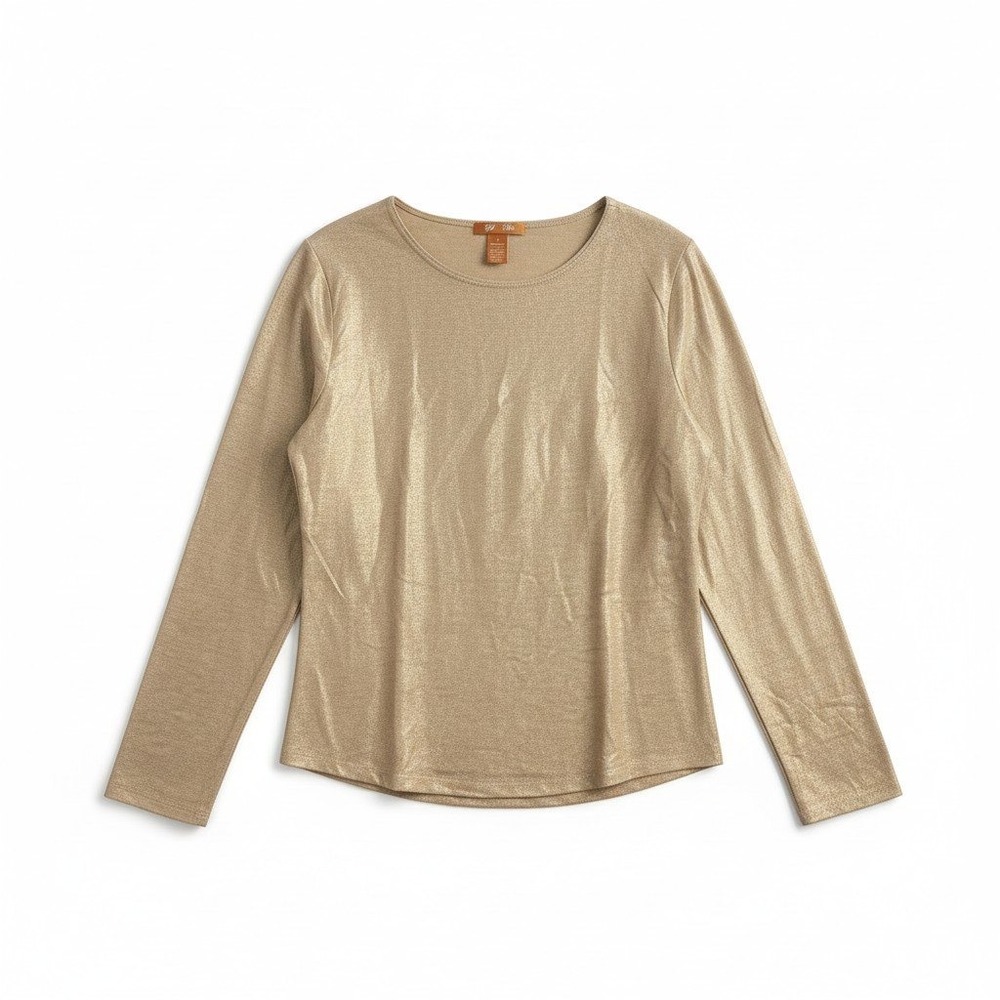 BB Dakota Gold Metallic Shimmer Long Sleeve Crew Neck,‎ Woman's Small Top